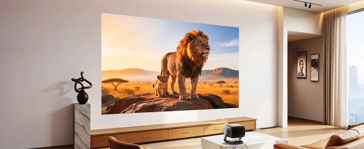 JMGO N3 Ultimate im hellen Wohnzimmer auf dem Lowboard