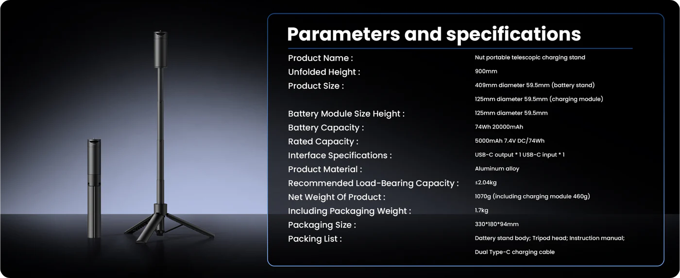 Tragbarer Teleskop-Ladeständer mit Spezifikationen.