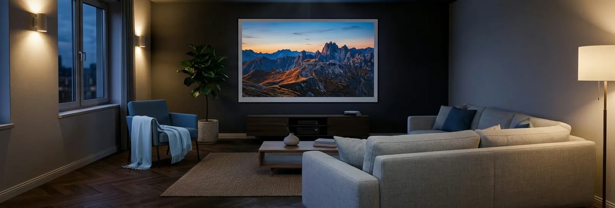 Wohnzimmer am Abend mit großer Leinwand, auf der ein 4K-Bild einer Berglandschaft zu sehen ist
