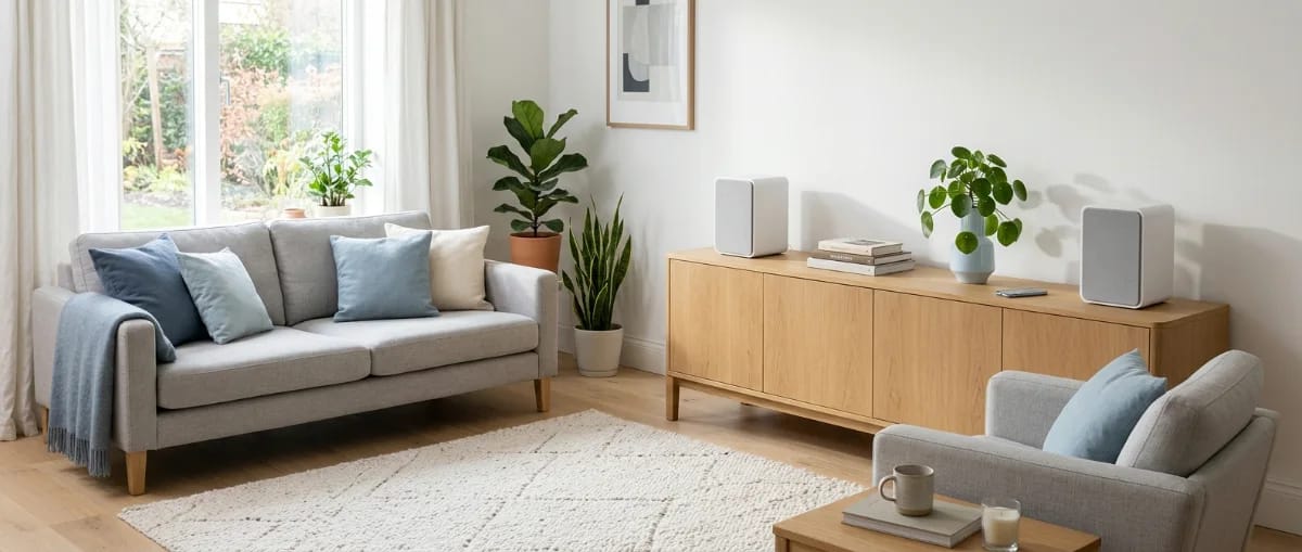 Helles Wohnzimmer mit zwei kompakten kabellosen Aktivlautsprechern auf einem Sideboard ohne Verstärker