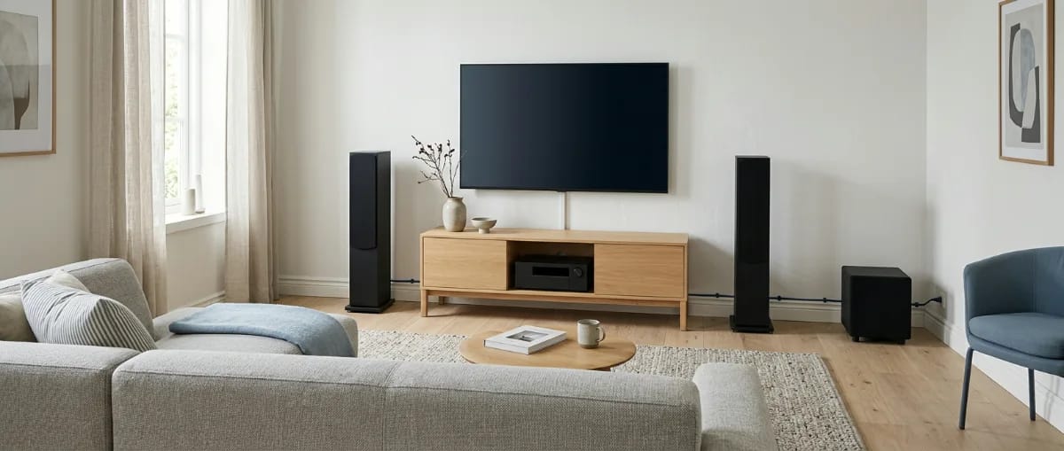 Wohnzimmer mit Lowboard und AV-Receiver unter dem Fernseher, ein schlankes Kabel läuft an der Fußleiste entlang zu einem Subwoofer in der Raumecke