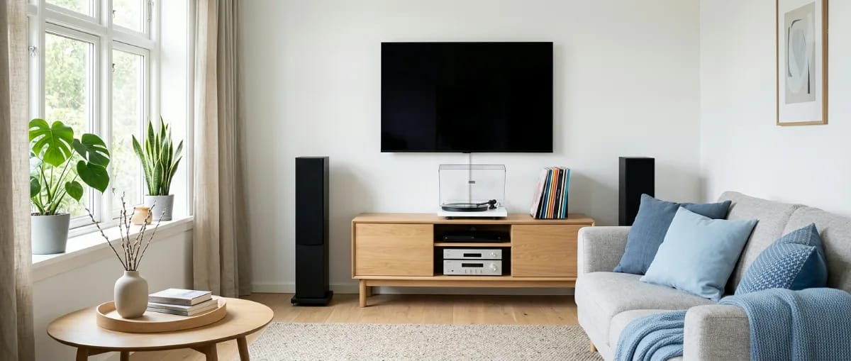 Helles Wohnzimmer mit Lowboard, Plattenspieler, HiFi-Komponenten, Standlautsprechern und Wandfernseher in skandinavischem Stil