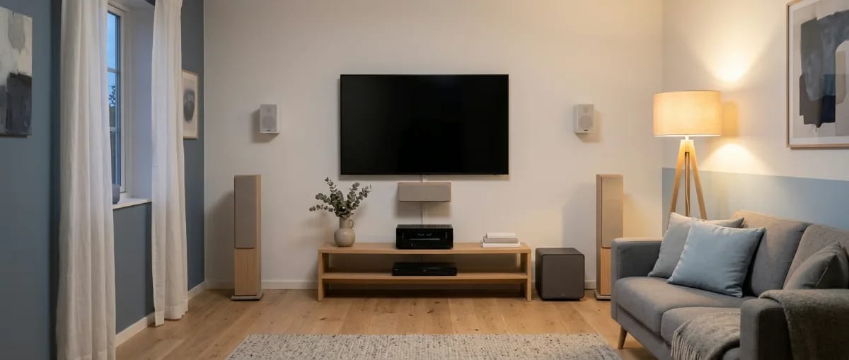 Wohnzimmer-Heimkino mit AV-Receiver im Lowboard, Standlautsprechern, Centerlautsprecher, Höhenlautsprechern an der Wand und Subwoofer in skandinavischem Stil