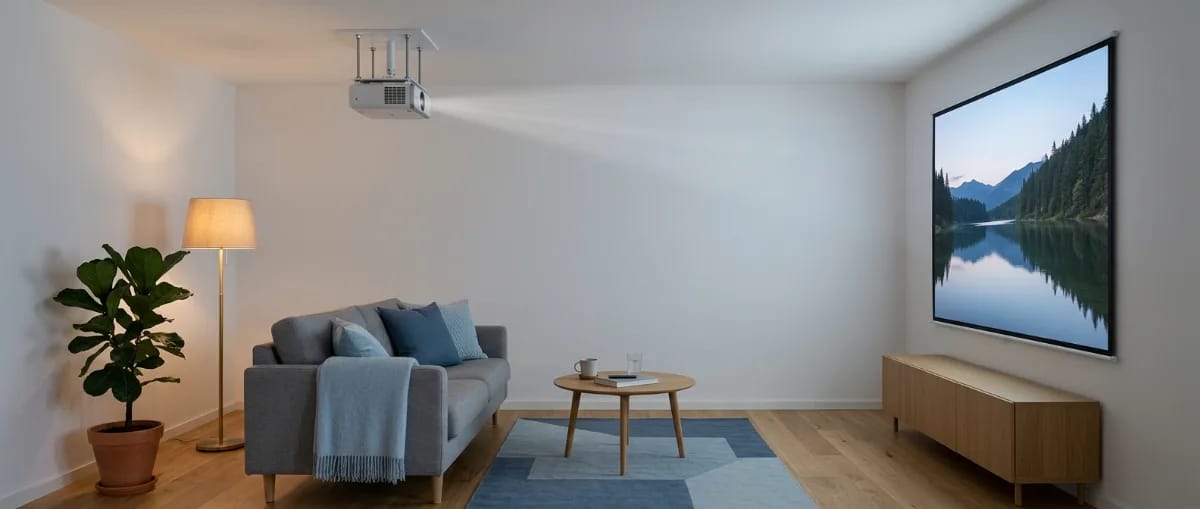 Wohnzimmer in Seitenansicht mit Beamer am Deckenhalter über dem Sofa, der Lichtstrahl trifft die Leinwand an der Stirnwand