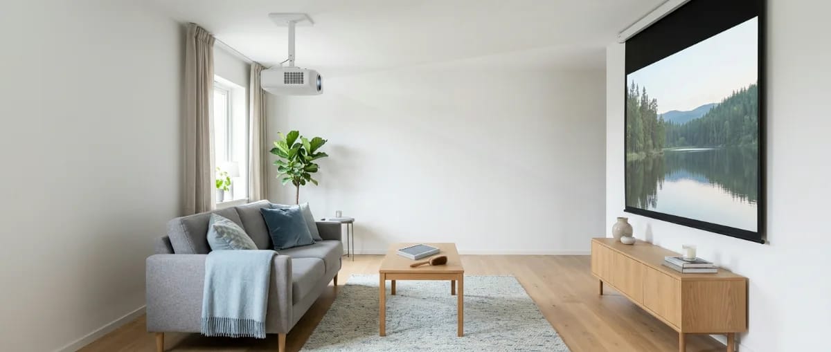 Ruhiges Wohnzimmer mit einem Beamer am Deckenhalter über dem Sofa, der auf eine große Leinwand an der gegenüberliegenden Wand projiziert