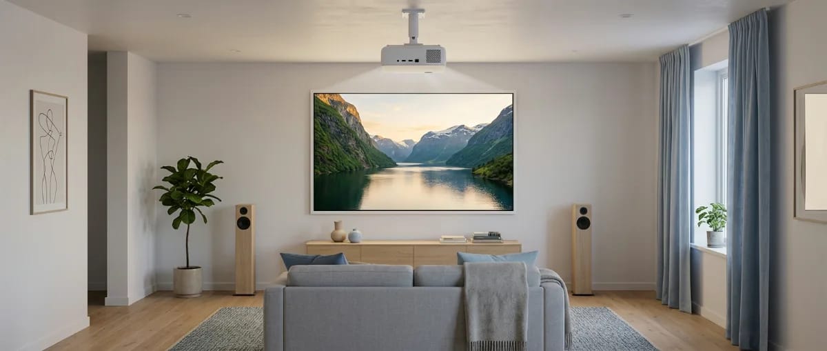 Abendliches Wohnzimmer, ein weißer Beamer mittig an der Decke wirft das Bild auf eine große Rahmenleinwand über dem Sideboard, links und rechts Standlautsprecher