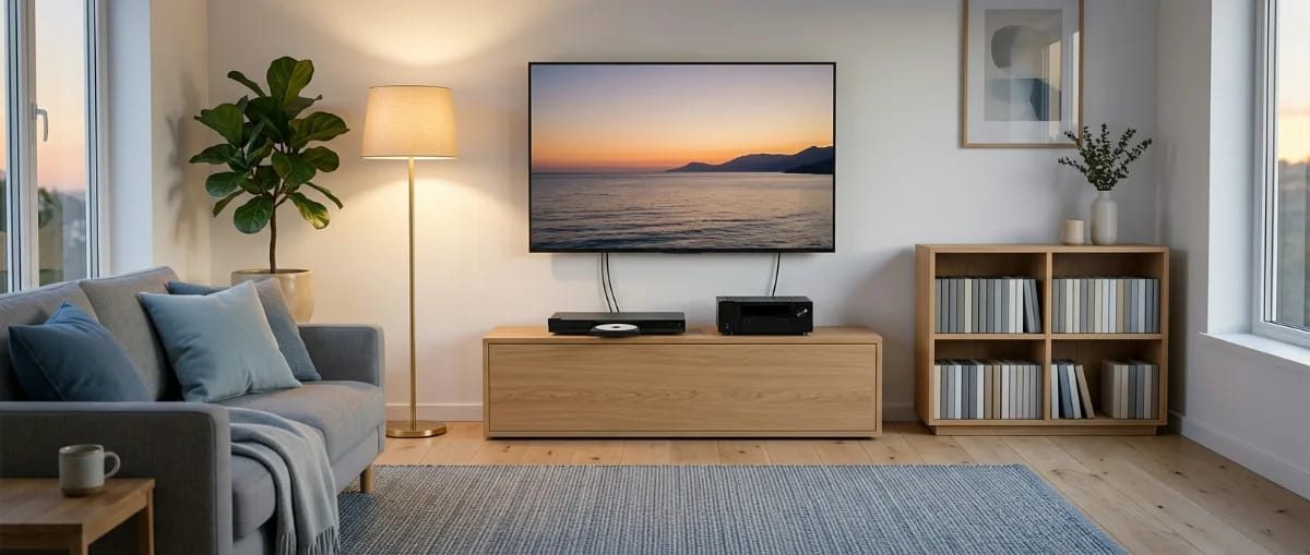 Abendliches Wohnzimmer mit Disc-Player mit geöffneter Schublade und AV-Receiver auf dem Sideboard unter einem großen Fernseher, daneben ein Regal mit Filmsammlung