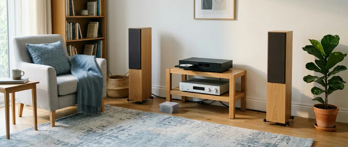 Helles Wohnzimmer mit HiFi-Rack, darauf ein Disc-Player mit geöffneter Schublade über einem Stereo-Verstärker, daneben Standlautsprecher und ein Lesesessel