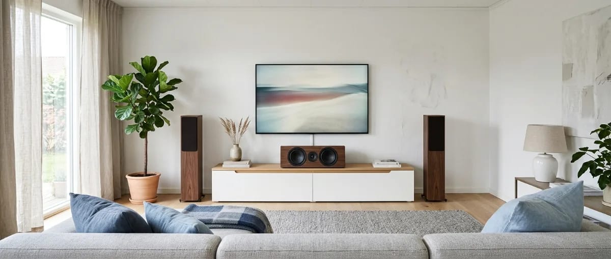 Wohnzimmer mit Centerlautsprecher an der Vorderkante eines Lowboards unter dem Fernseher, daneben zwei Standlautsprecher