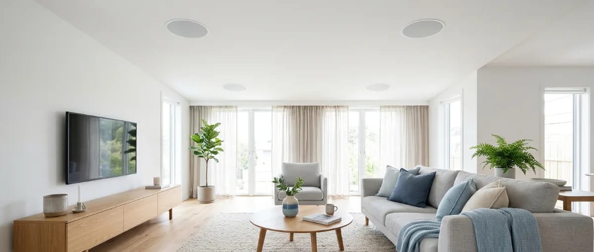 Helles Wohnzimmer mit runden, flächenbündig eingebauten Deckenlautsprechern mit weißen Gittern