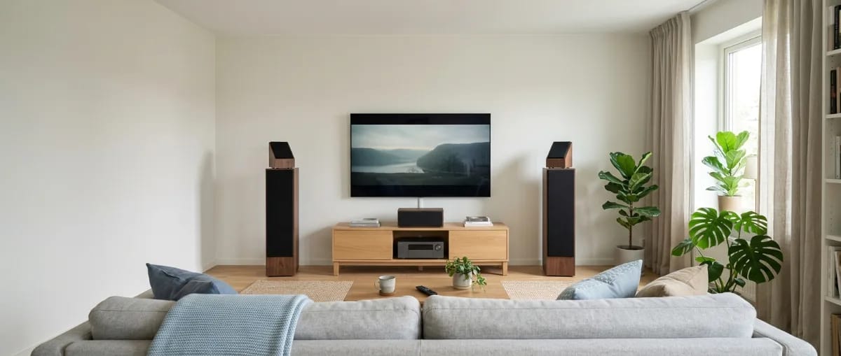 Wohnzimmer-Heimkino mit Aufsatzlautsprechern auf den Frontlautsprechern, die den Klang an die glatte Decke richten