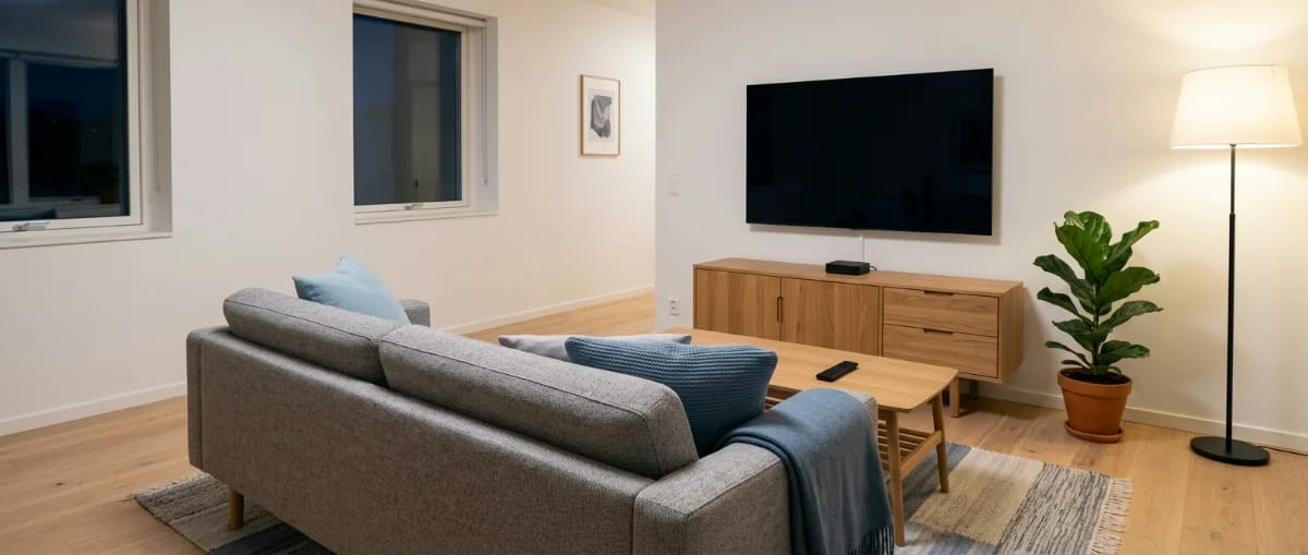 Wohnzimmer am Abend mit einer schlanken Fernbedienung auf dem Couchtisch, im Hintergrund ein flaches Lowboard mit geschlossenen Türen und ein Fernseher an der Wand