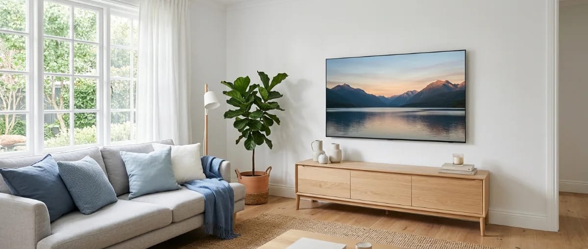 Helles Wohnzimmer mit großem Flachbildfernseher an der Wand über einem Lowboard in skandinavischem Stil