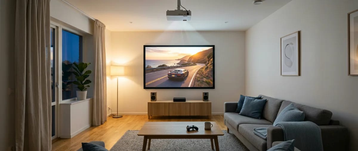 Abends gedämpft beleuchtetes Wohnzimmer mit Deckenbeamer, großer Leinwand mit Rennspiel-Szene und Gamecontroller auf dem Couchtisch