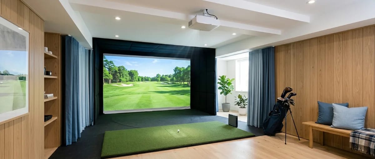 Heller Hobbyraum mit Golf Simulator: Impact-Leinwand mit Fairway-Bild, Abschlagmatte und Beamer an der Decke über dem Abschlagbereich