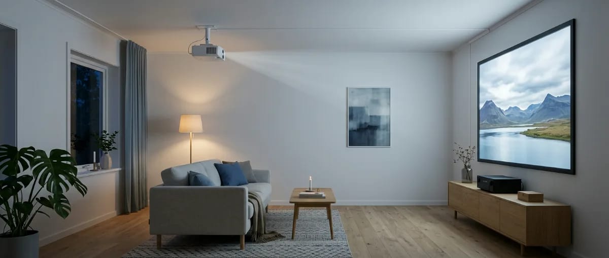 Wohnzimmer in Seitenansicht mit Beamer an der Decke über dem Sofa, eine Leinwand an der Stirnwand und ein Lowboard mit AV-Receiver