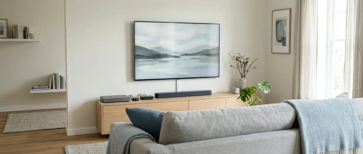 Wohnzimmer mit Fernseher an der Wand, darunter ein Lowboard mit Soundbar, Zuspielern und einem kleinen HDMI-Umschalter
