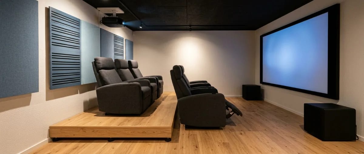 Heimkino in skandinavischem Stil mit zwei Reihen Kinosesseln, die hintere Reihe auf einem vom Boden entkoppelten Holzpodest, Leinwand und Subwoofer an der Stirnwand