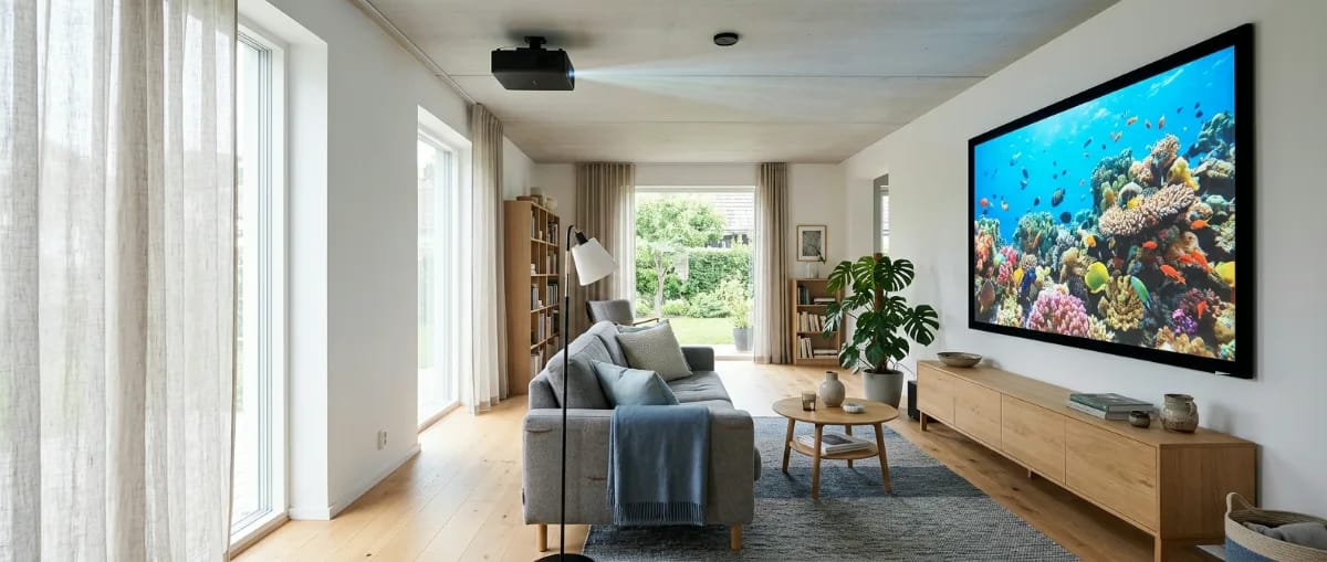 Helles Wohnzimmer am Tag mit großer gerahmter Leinwand an der Wand, Beamer an der Decke über dem Sofa, darunter ein Lowboard