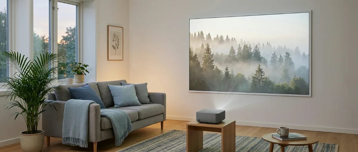 Wohnzimmer mit Kurzdistanz-Beamer auf einem niedrigen Tisch vor dem Sofa, der aus kurzem Abstand ein großes Bild auf eine Rahmenleinwand wirft, in skandinavischem Stil