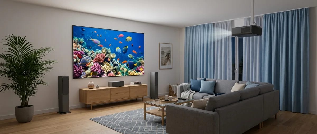 Abendliches Wohnzimmer mit Laser Beamer an der Decke, großer Rahmenleinwand mit Unterwasserszene, Standlautsprechern und Ecksofa