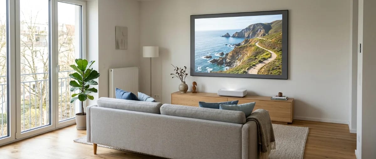 Laser TV auf einem Lowboard vor der Wand, darüber eine große Leinwand mit hellem Bild im Wohnzimmer bei Tageslicht