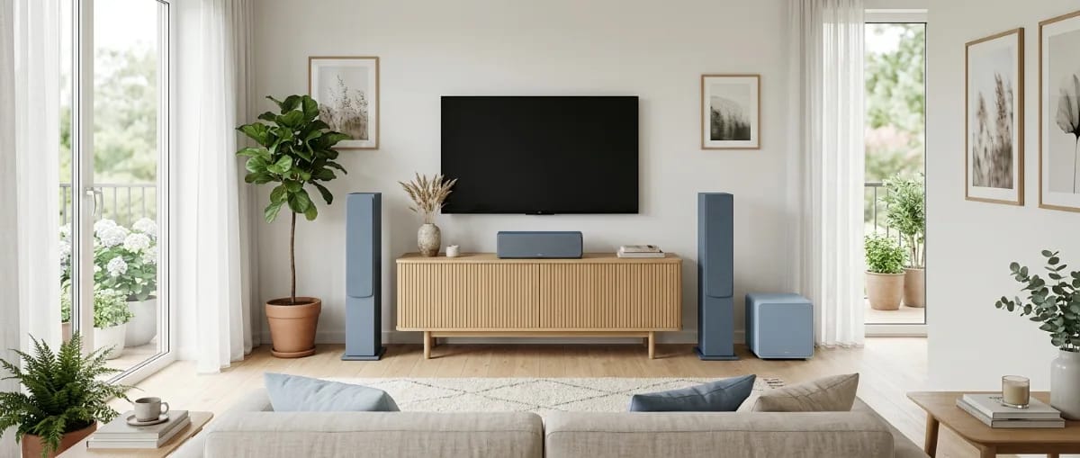 Helles Wohnzimmer mit zwei Standlautsprechern, Centerlautsprecher unter dem Wandfernseher und Subwoofer in skandinavischem Stil