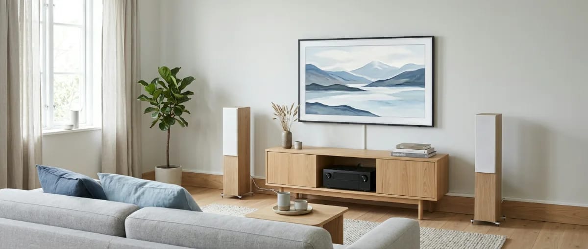 Wohnzimmer mit zwei Standlautsprechern links und rechts des Lowboards mit AV-Receiver unter dem Fernseher