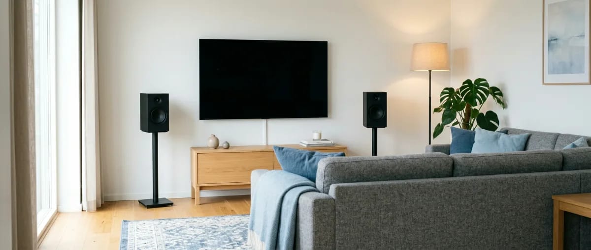 Wohnzimmer mit zwei Kompaktlautsprechern auf schlanken Ständern links und rechts neben dem Fernseher, die Hochtöner auf Ohrhöhe des Sofas