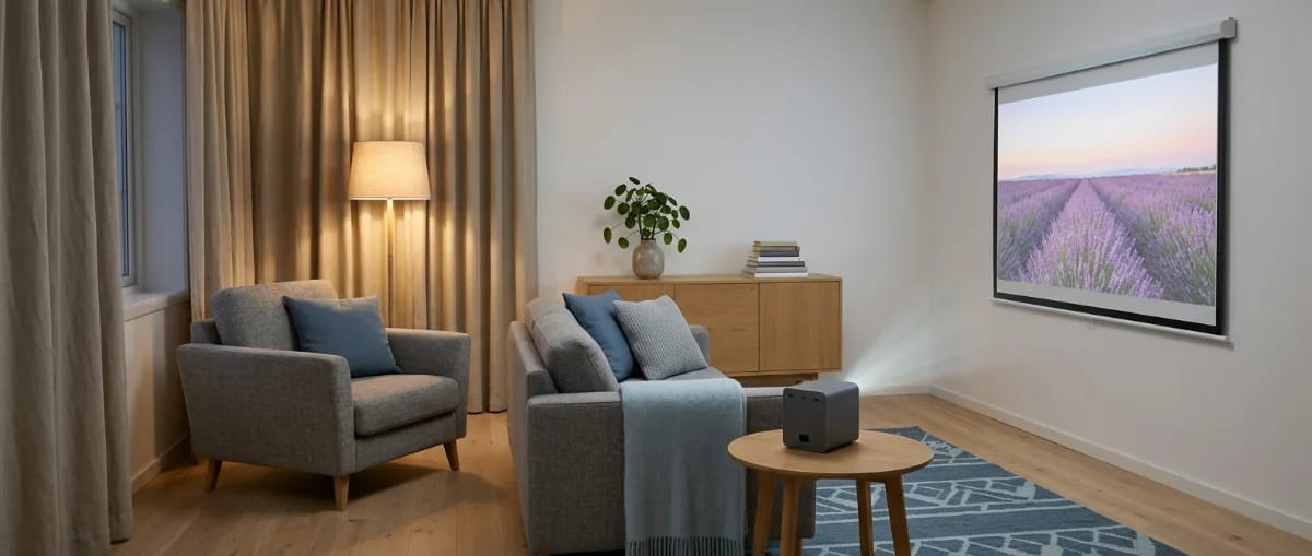 Abendliches Wohnzimmer mit kompaktem LED Beamer auf einem Beistelltisch, der auf eine Rollo-Leinwand an der Wand projiziert, Sofa und Sessel in skandinavischem Stil