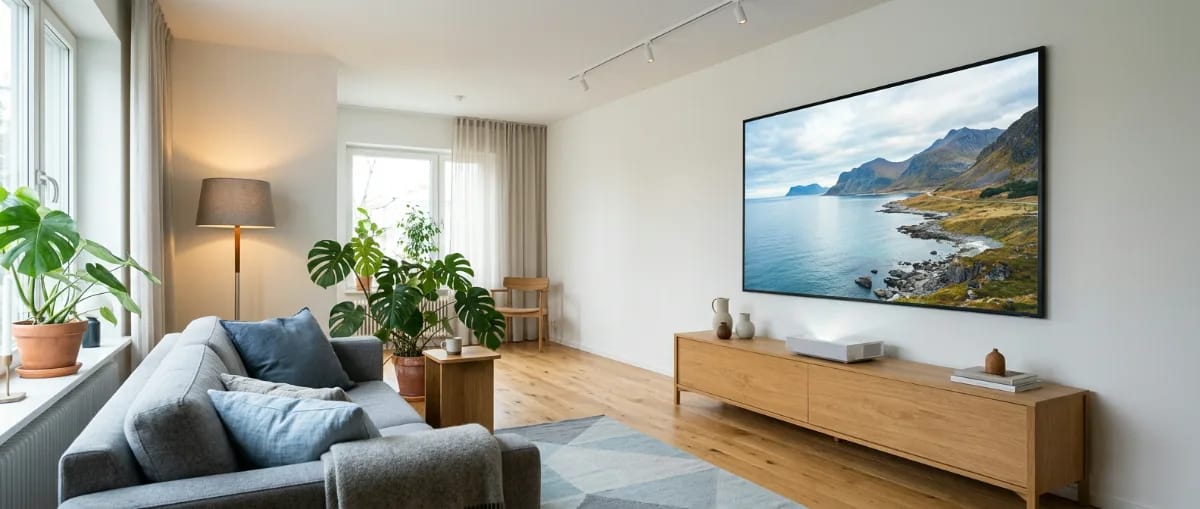 Helles Wohnzimmer mit Laser TV auf einem Lowboard direkt vor einer schmal gerahmten Leinwand an der Wand