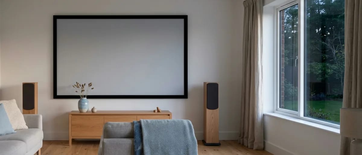 Wohnzimmer mit großer Rahmenleinwand über einem Lowboard, Standlautsprechern und Sofa in skandinavischem Stil