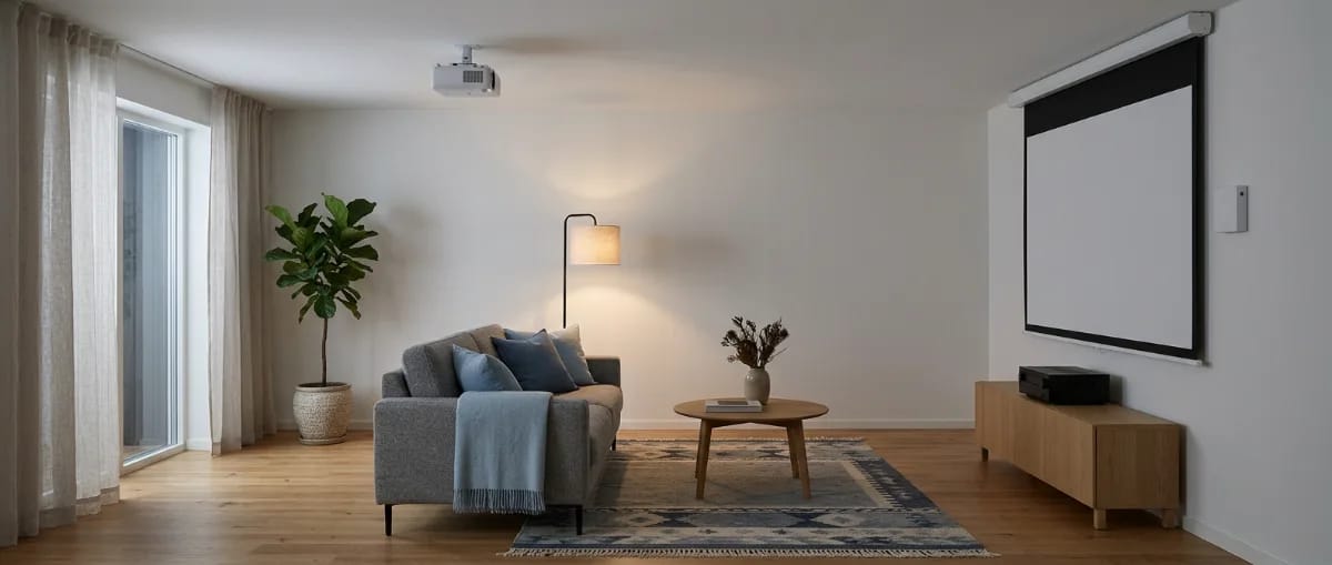 Wohnzimmer in Seitenansicht mit Beamer an der Decke über dem Sofa und einer Motorleinwand, die aus einem Gehäuse unter der Decke ausfährt
