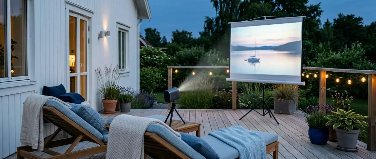 Abendliche Holzterrasse mit kleinem Beamer auf einem Stativ, der auf eine mobile Leinwand projiziert, dazu Liegestühle und Lichterkette