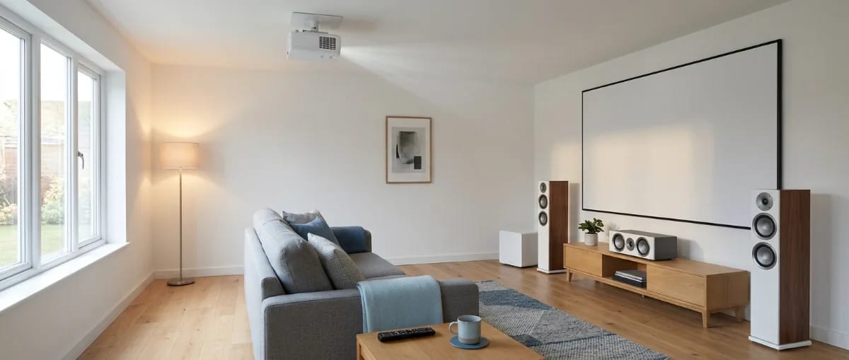 Wohnzimmer-Heimkino mit schlanken Standlautsprechern, Center und Subwoofer, Leinwand, Beamer an der Decke und Sofa in skandinavischem Stil