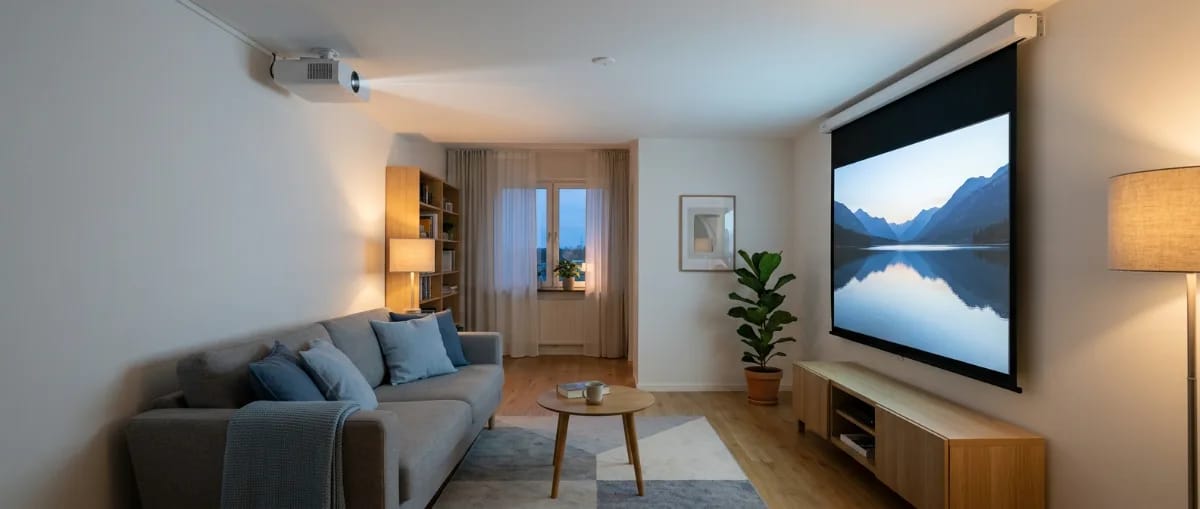 Wohnzimmer mit ausgefahrener Motorleinwand unter der Decke, der Beamer hängt über dem Sofa an der Decke und strahlt auf die Leinwand