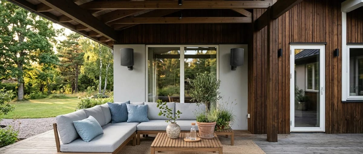 Überdachte Terrasse mit wetterfesten Lautsprechern an der Hauswand und Loungemöbeln am Abend