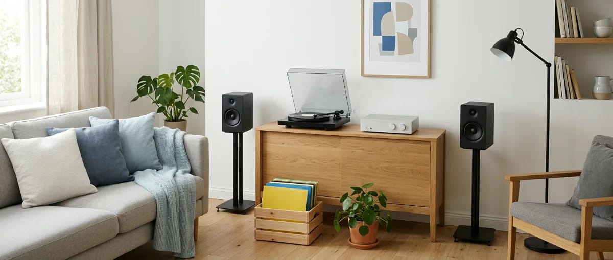 Helles Wohnzimmer mit Plattenspieler und Stereoverstärker auf einem Sideboard, daneben zwei Regallautsprecher auf Ständern und eine Kiste mit Schallplatten