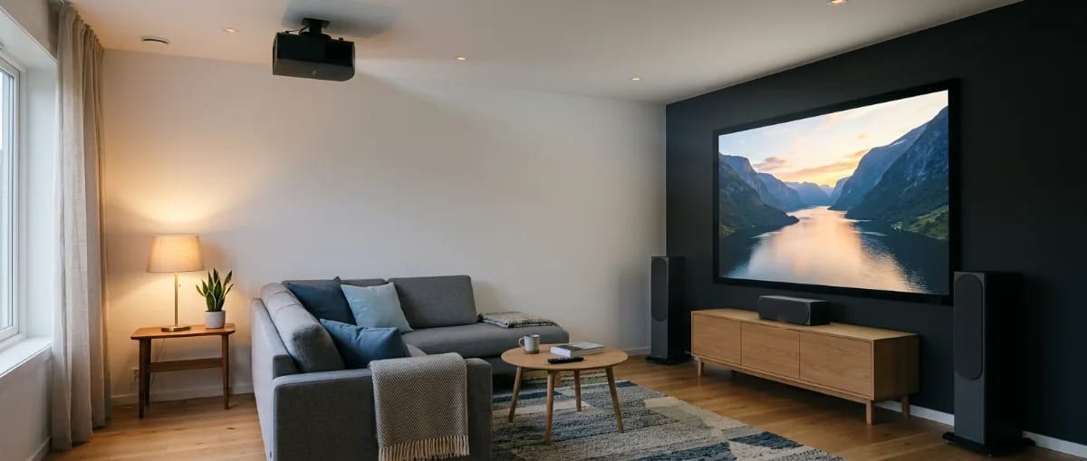 Heimkino mit großer Rahmenleinwand an einer dunklen Wand zwischen zwei Standlautsprechern, Beamer an der Decke über dem Sofa