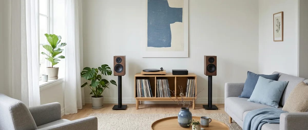 Helles Wohnzimmer mit zwei Regallautsprechern auf Lautsprecherständern neben einem Plattenregal in skandinavischem Stil