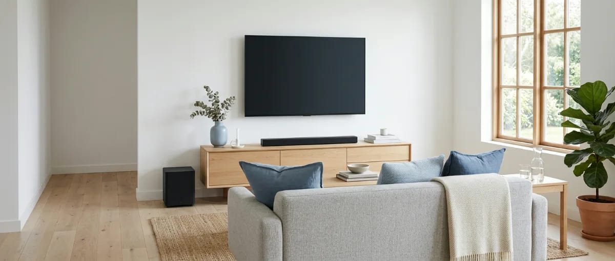 Helles Wohnzimmer mit Wandfernseher, schmaler Soundbar auf einem Lowboard und kompaktem Subwoofer in skandinavischem Stil