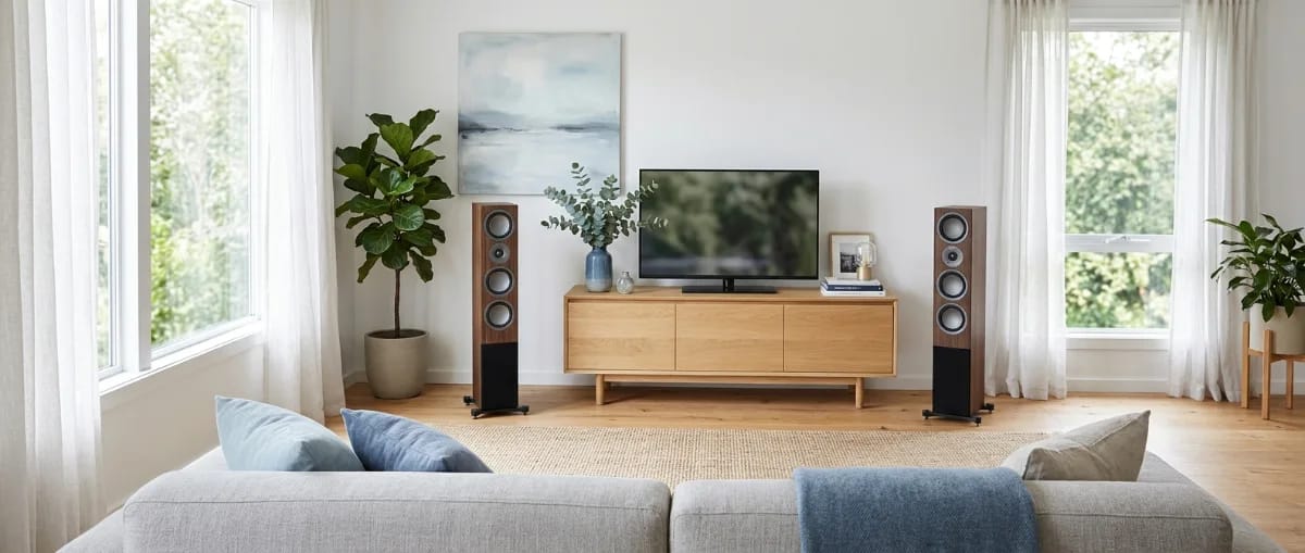 Helles Wohnzimmer mit zwei Standlautsprechern neben einem Sideboard mit Fernseher und Sofa in skandinavischem Stil