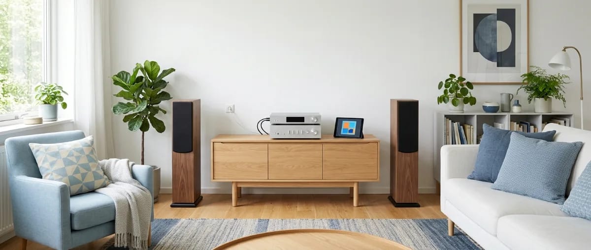 Helles Wohnzimmer mit Sideboard, darauf ein Netzwerk-Streamer auf einem Vollverstärker und ein Tablet mit Musik-App, links und rechts Standlautsprecher