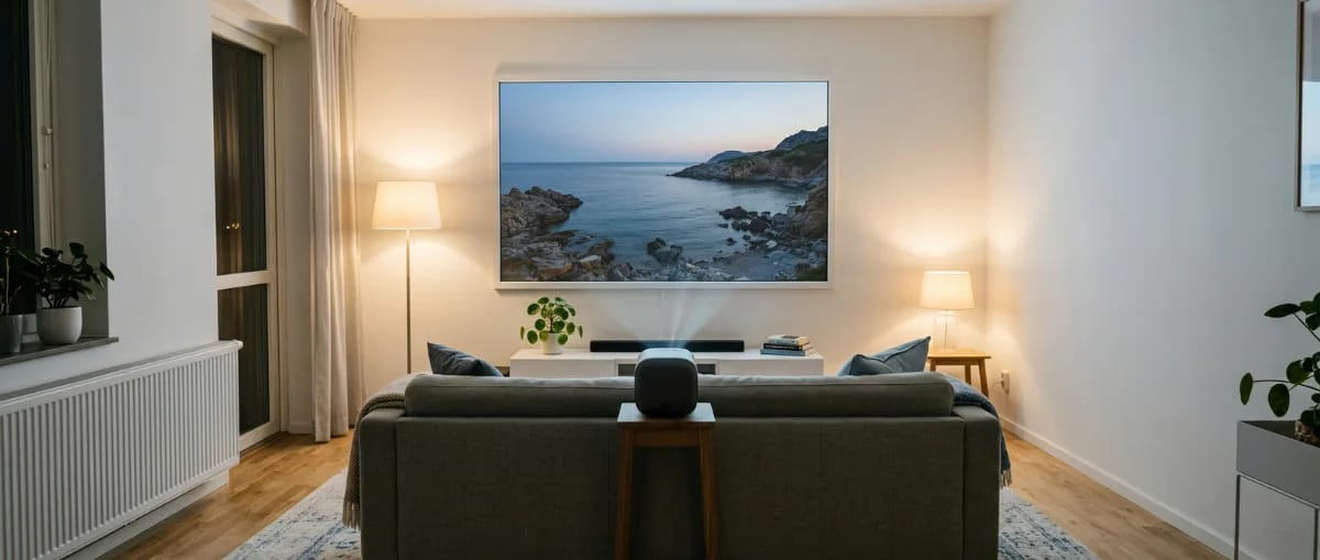 Wohnzimmer mit kompaktem Beamer auf einem Beistelltisch hinter dem Sofa, der ein Landschaftsbild auf eine Rahmenleinwand wirft, darunter eine Soundbar auf dem Lowboard