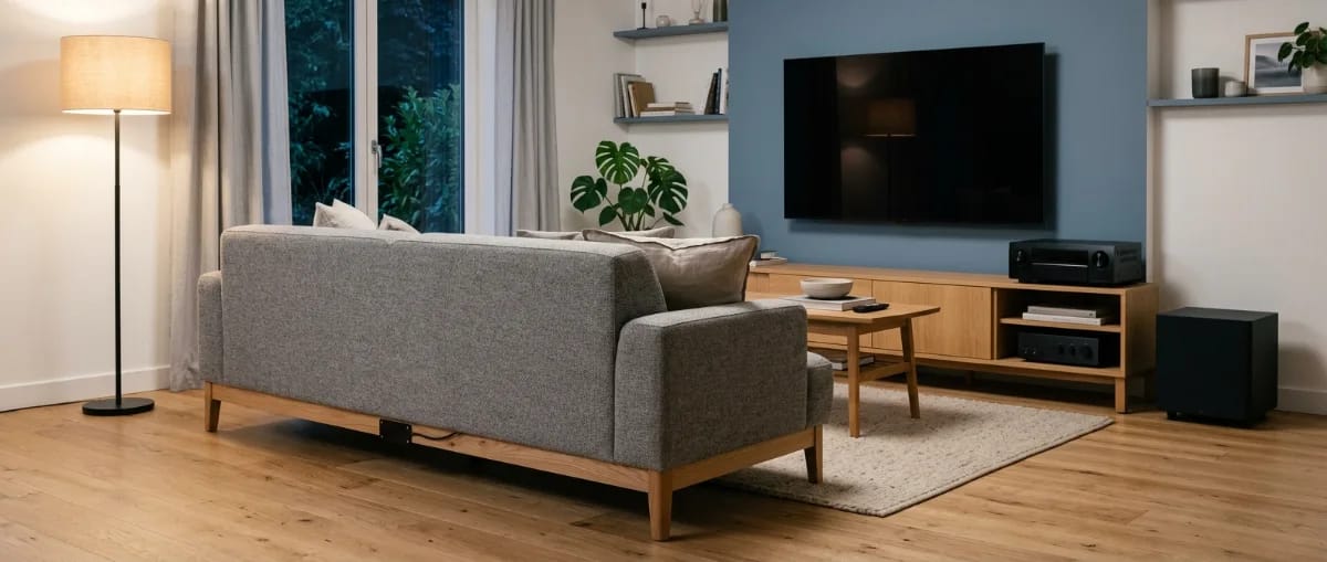 Wohnzimmer-Heimkino mit Sofa, unter dessen Rahmen ein Körperschallwandler montiert ist, AV-Receiver und Verstärker im Lowboard und Subwoofer in skandinavischem Stil
