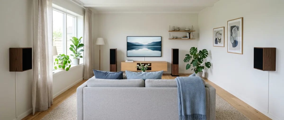 Blick von hinten über ein Sofa auf einen Fernseher, seitlich hinter dem Sofa zwei Surround-Lautsprecher an der Wand