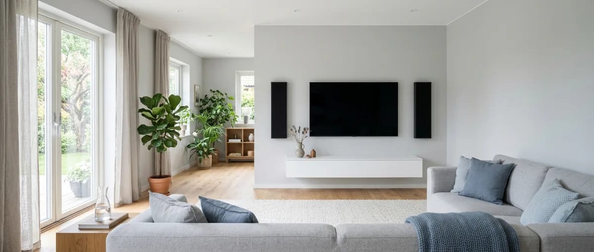 Wohnzimmer mit flachen Wandlautsprechern links und rechts neben einem an der Wand montierten Fernseher