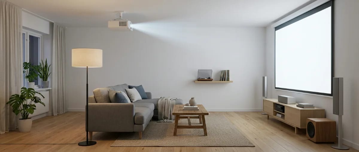 Wohnzimmer-Heimkino in Seitenansicht mit AV-Receiver im Lowboard, Standlautsprechern, Subwoofer, Leinwand und Beamer an der Decke über dem Sofa