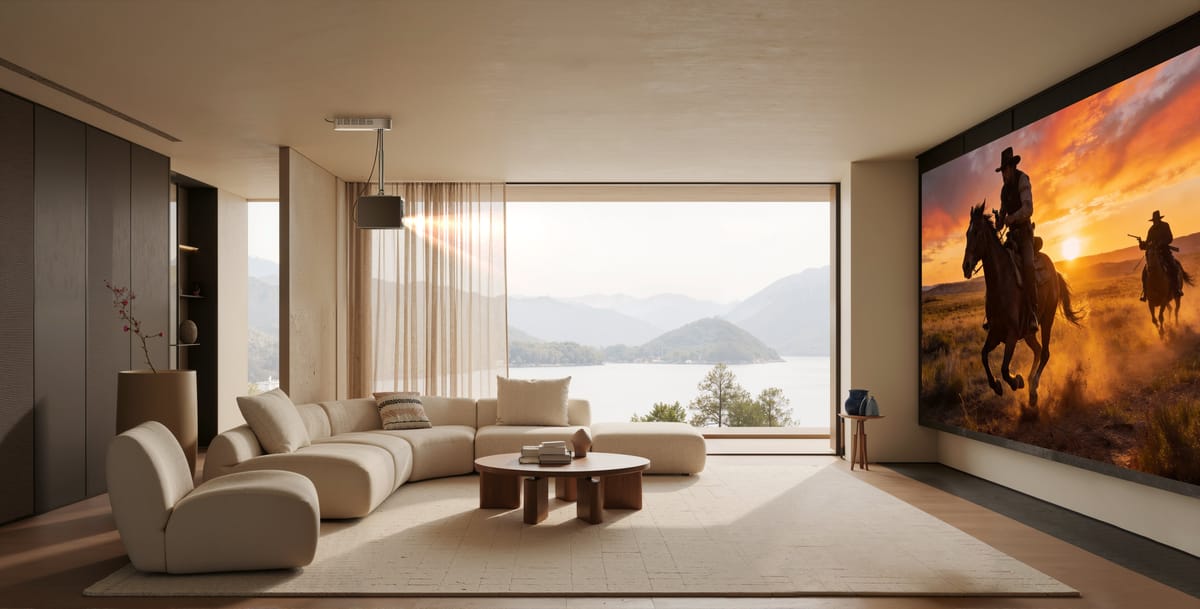 Modernes Wohnzimmer mit Beamer und Seeblick.