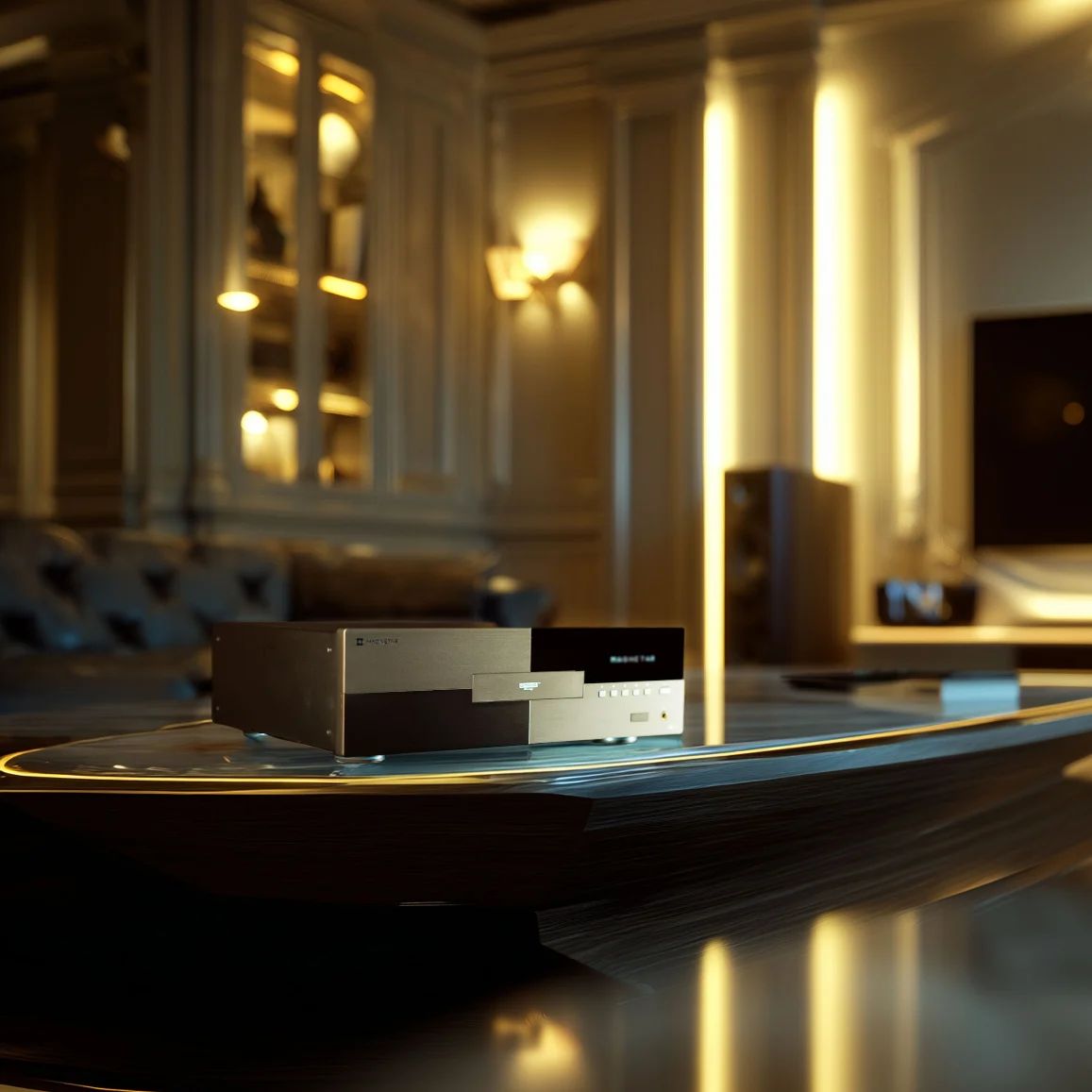 Lounge in goldenem Licht mit dem UDP900 MKII auf einem Tisch